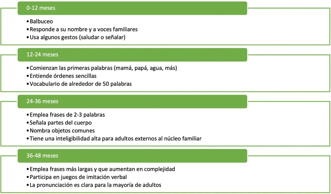 Tabla de hitos del desarrollo del lenguaje en niños, desde balbuceo hasta frases complejas. Útil para detectar retraso en el desarrollo del lenguaje.