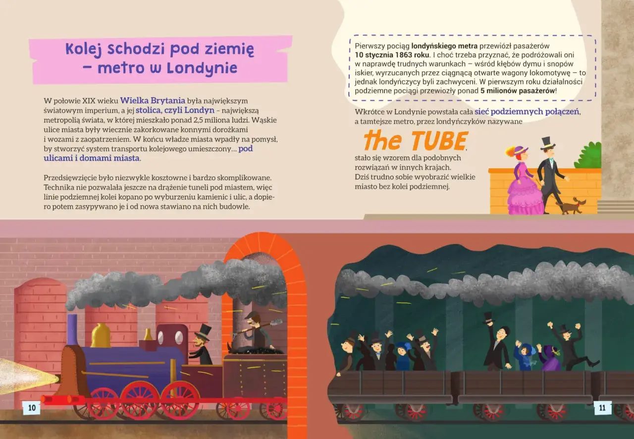 Ilustracja przedstawia parowy pociąg, symbolizujący początki napędu pojazdów szynowych w Londynie.