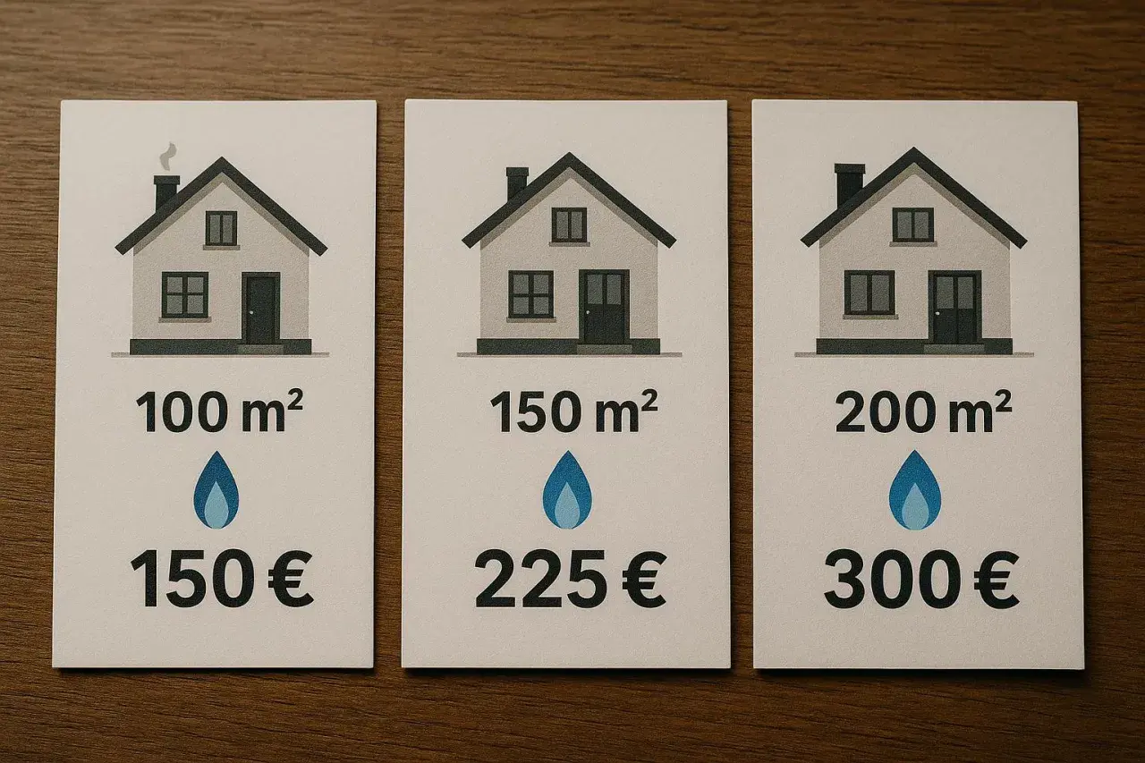 Koszty ogrzewania gazowego domu 100m² to 150€. Obok przykłady dla 150m² i 200m².