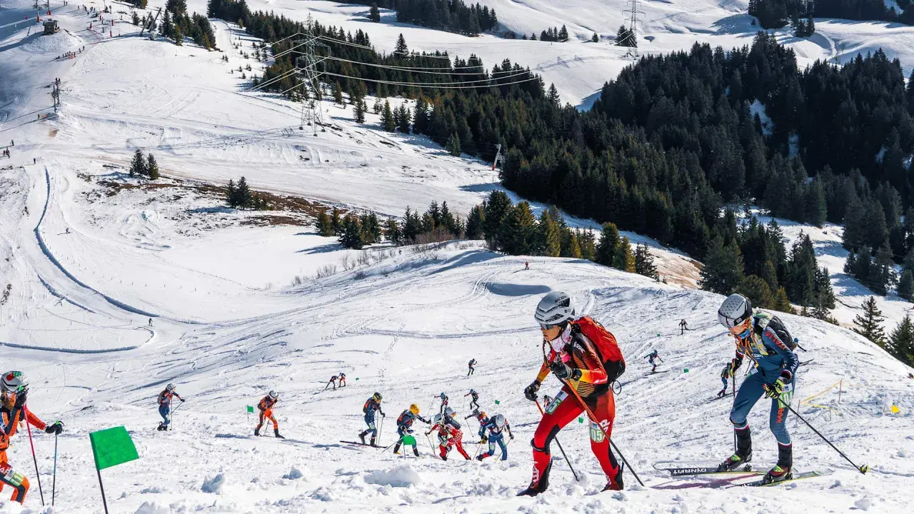 Skibergsteigen-Athleten kämpfen sich einen verschneiten Hang hinauf, bereit für olympische Herausforderungen.