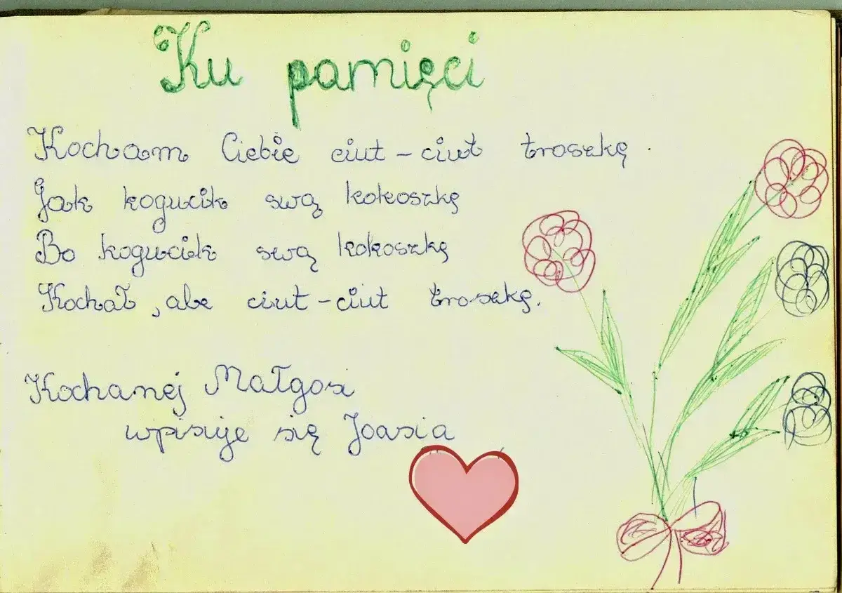 Wpis do pamiętnika z wierszykiem o miłości i rysunkiem kwiatów. "Kocham Cię ciut-ciut troszkę" - takie cytaty do pamiętnika są urocze.