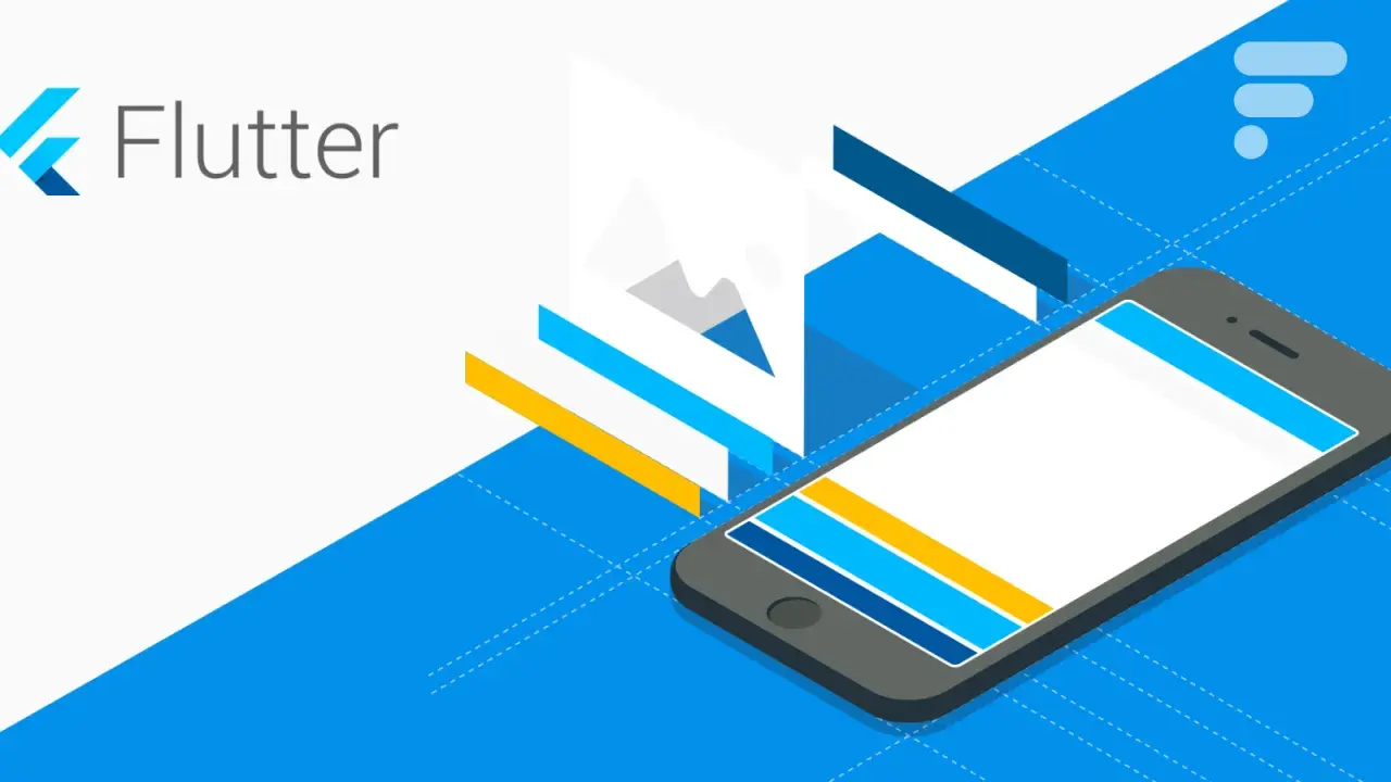 Le logo Flutter et un smartphone affichant une interface colorée, symbolisant le développement d'applications avec ce langage.