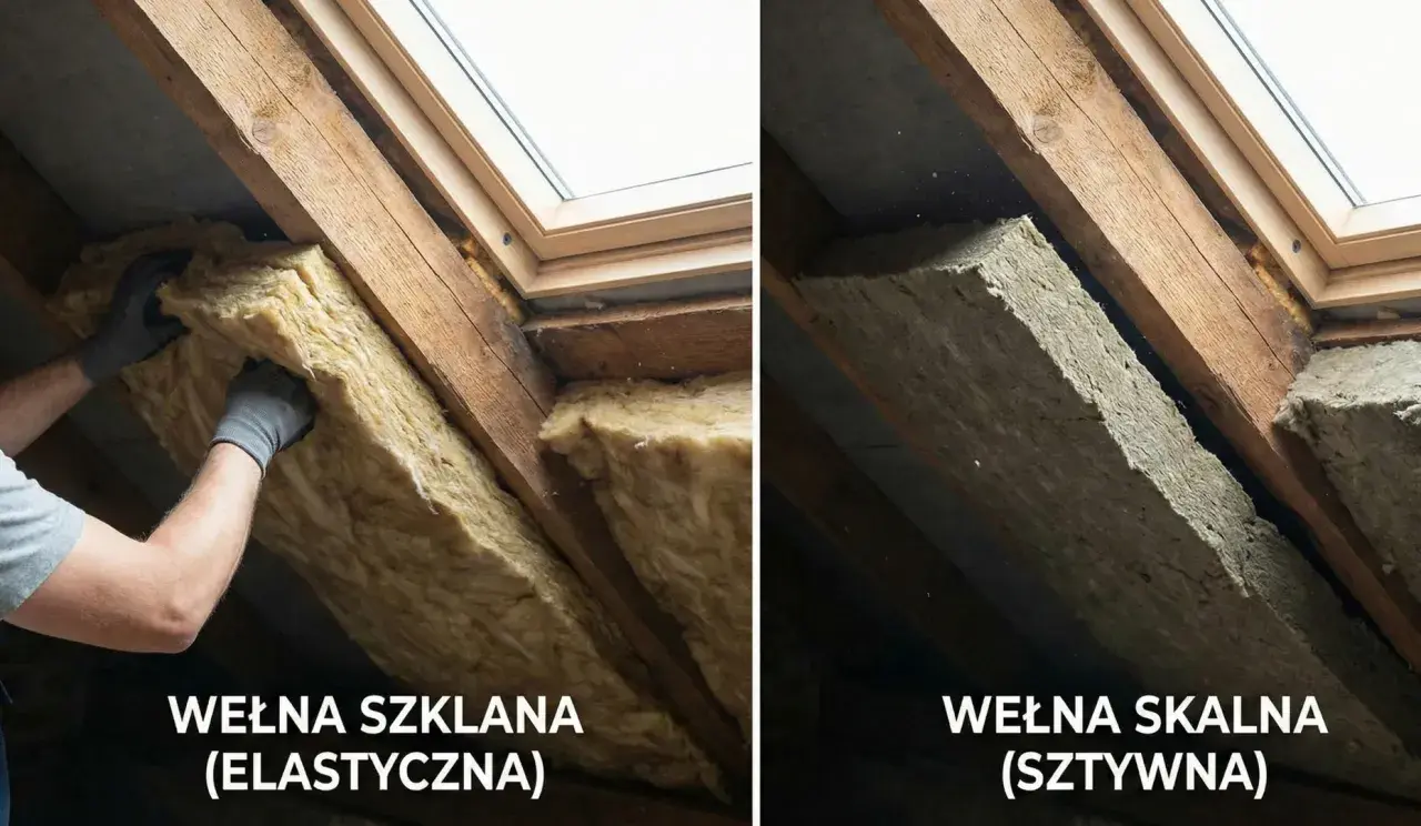 Porównanie dwóch rodzajów wełny: elastycznej wełny szklanej i sztywnej wełny skalnej, stosowanych do izolacji poddasza.