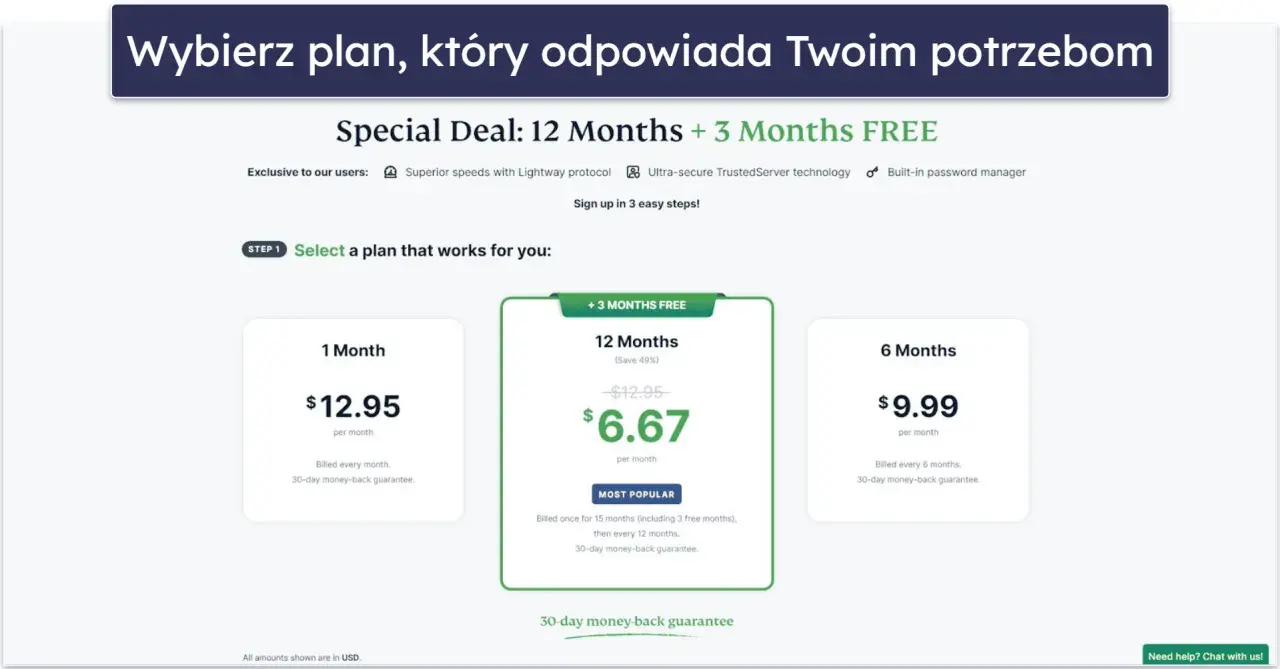 Porównanie cen VPN: 1 miesiąc za $12.95, 6 miesięcy za $9.99/mies., 12 miesięcy + 3 gratis za $6.67/mies.