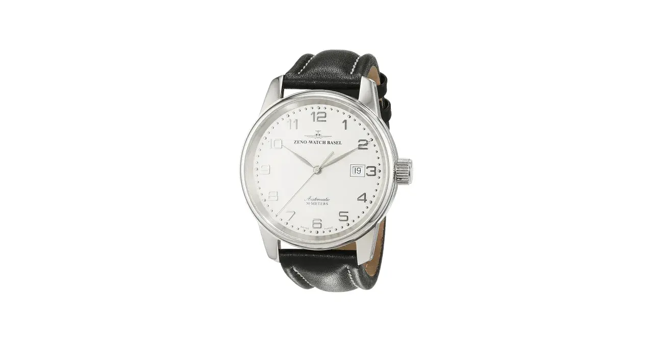 Elegante reloj Zeno Watch Basel automático con correa de cuero negro y esfera blanca.