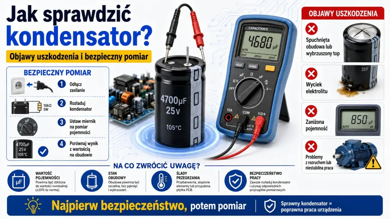 Jak sprawdzić kondensator? Obraz pokazuje instrukcję krok po kroku, jak bezpiecznie zmierzyć pojemność kondensatora za pomocą multimetru, a także objawy jego uszkodzenia.