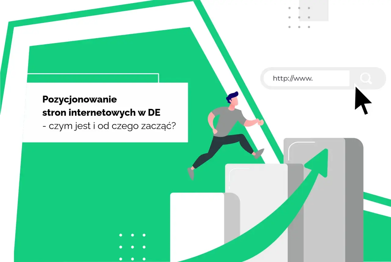 Grafika ilustruje pozycjonowanie stron internetowych w Niemczech. Mężczyzna skacze po schodkach, symbolizując rozwój i osiąganie celów.