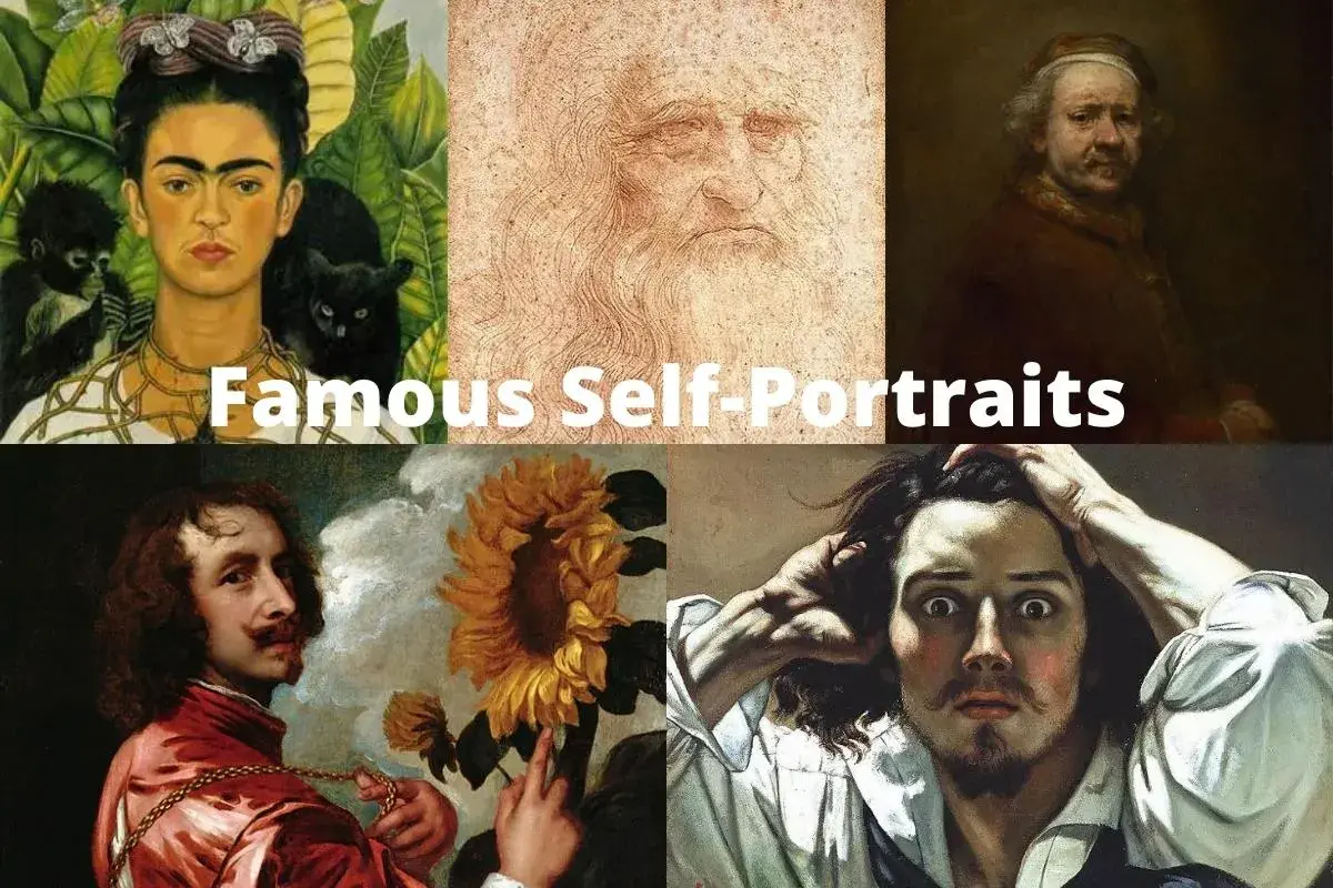 A collage of famous self-portraits, including Frida Kahlo with monkeys and a cat, Leonardo da Vinci's sketch, Rembrandt, and a dramatic self-portrait with hands on head.