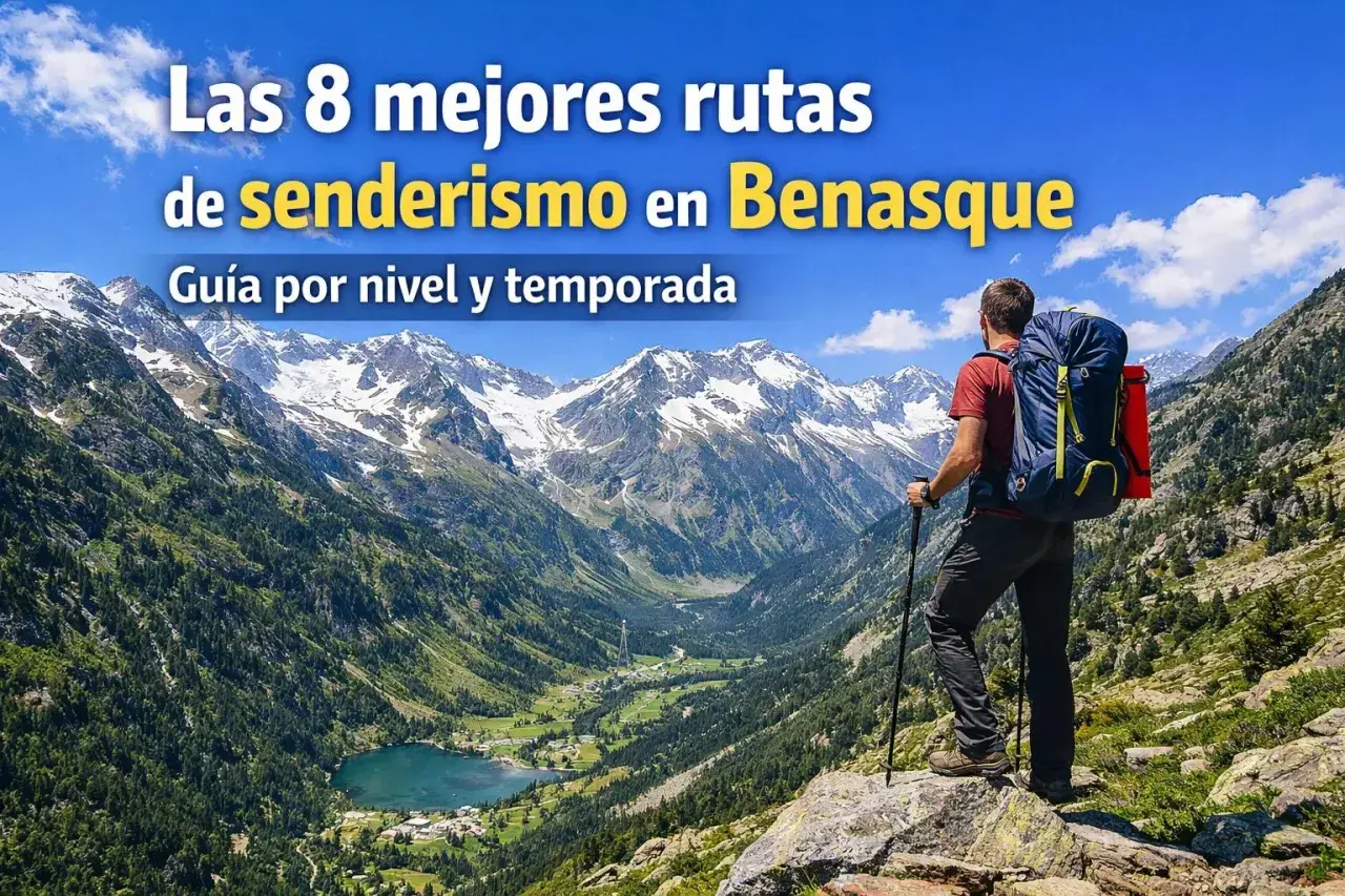 Un excursionista contempla un valle alpino con un lago y picos nevados, listo para explorar las mejores rutas de senderismo en Benasque.