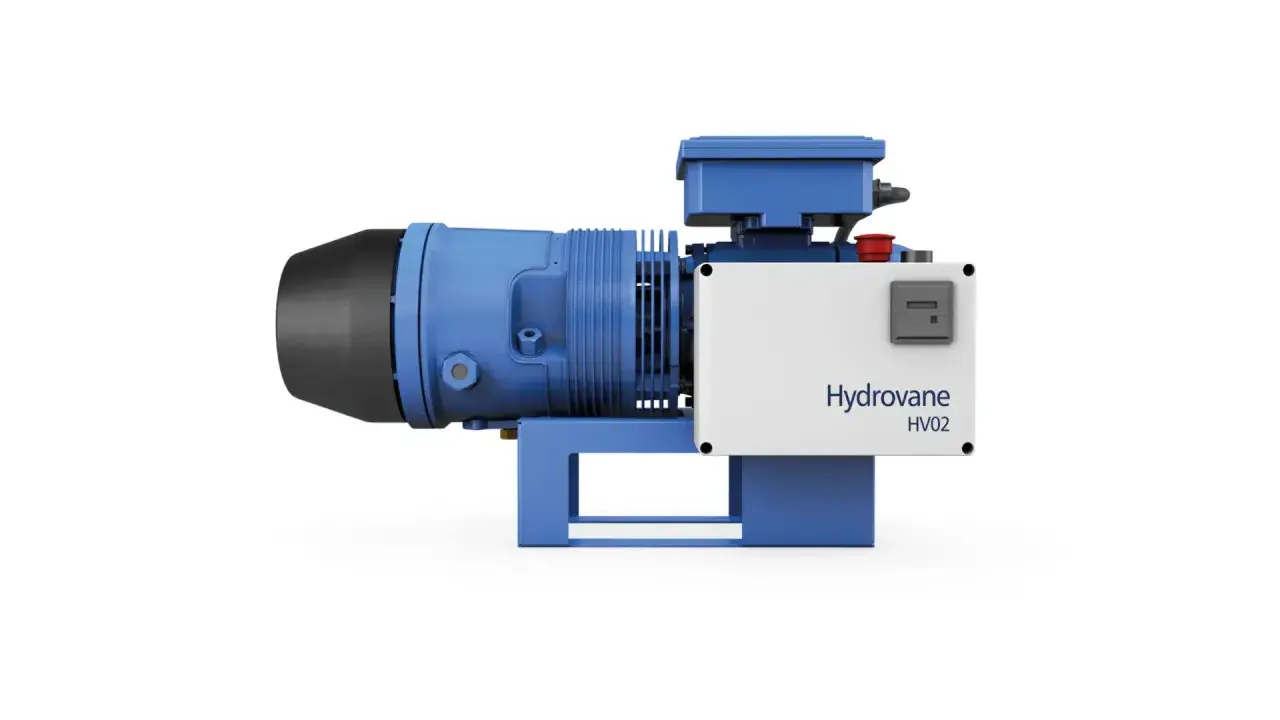 Compresor Hydrovane HV02, unidad compacta azul y blanca con motor y panel de control.