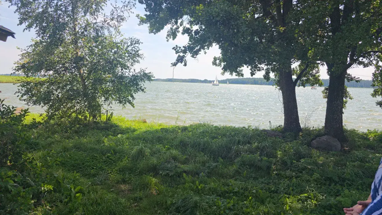 Idealne miejsce pod przyczepę kempingową nad jeziorem. Słońce odbija się od fal, żaglówki płyną po wodzie, a drzewa dają cień.