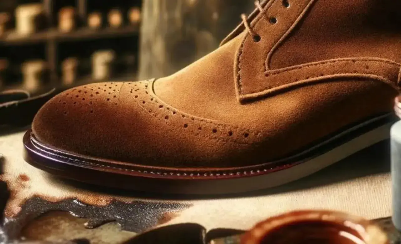 Gros plan sur une chaussure richelieu en daim marron, prête pour une teinture. Le savoir-faire artisanal est visible.