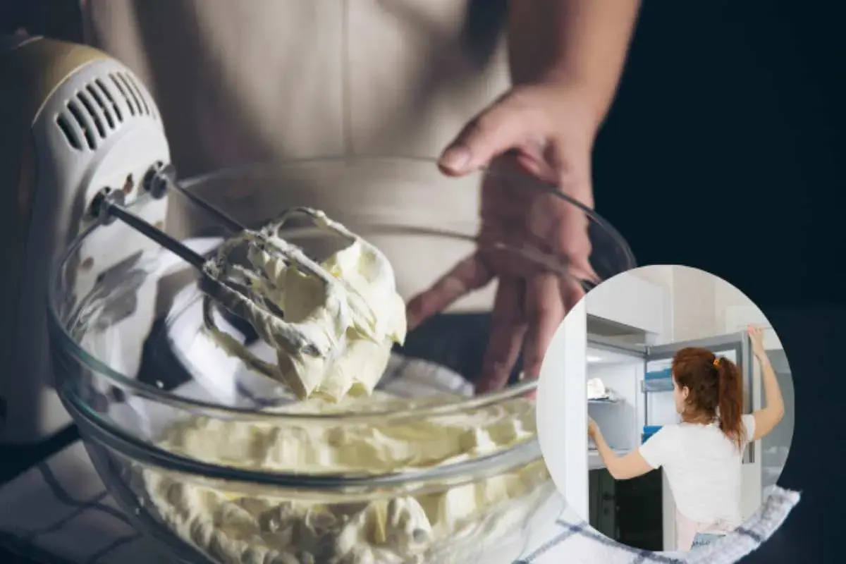 Panna montata in una ciotola, con un mixer. In un cerchio, una donna mette qualcosa in freezer prima di montarla.