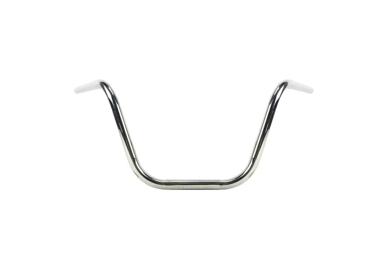Manubrio cromato per bici stile chopper, con curve ampie e un design iconico per un look personalizzato.