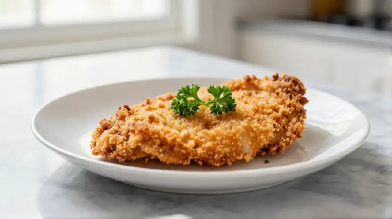 Escalope milanaise dorée et croustillante, garnie d'une touche de persil frais, prête à être dégustée.