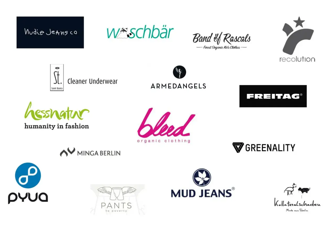 Logos von nachhaltige mode marken wie Nudie Jeans, Hessnatur, Armedangels, Mud Jeans und Freitag.