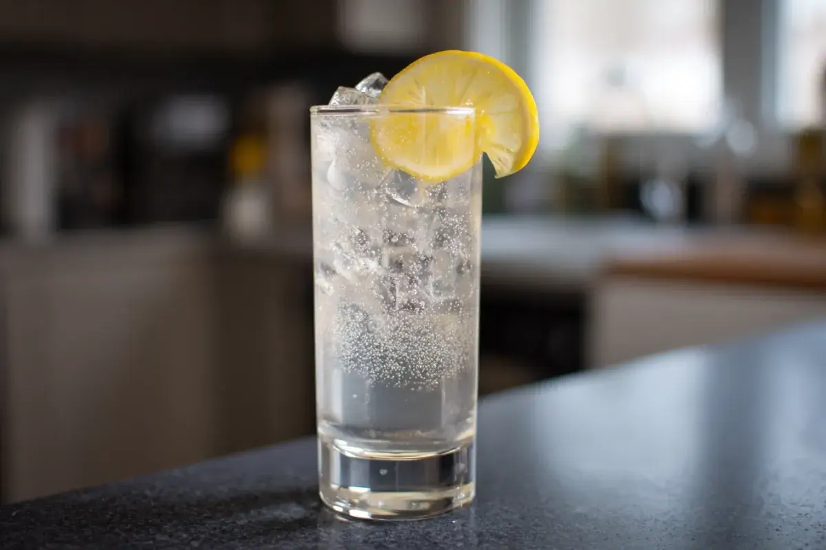 Ett glas med kolsyrat vatten, is och en citronskiva. Perfekt för att späda ut en sockerlag recept-baserad drink.