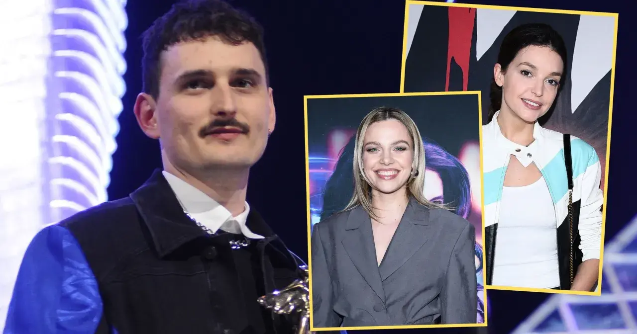 Dawid Podsiadło z nagrodą, obok niego zdjęcia kobiety w szarym garniturze i kobiety w kurtce.
