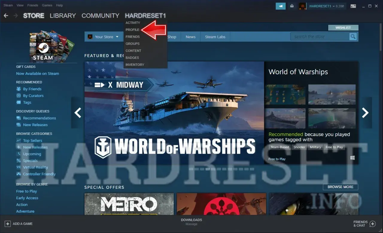 Gdzie jest link do profilu Steam? Kliknij na nazwę użytkownika, aby zobaczyć opcje, w tym profil.