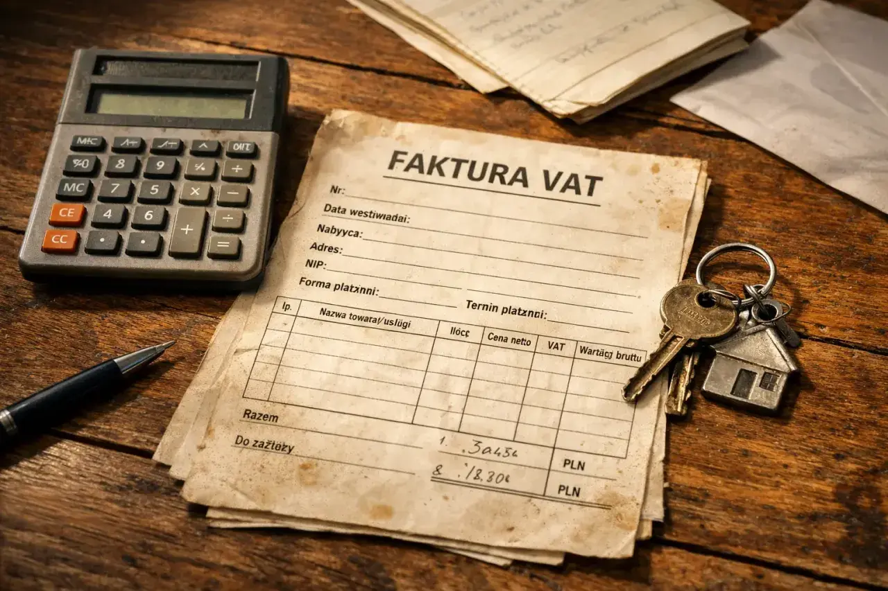 Klucze do domu i stara faktura VAT leżą obok kalkulatora. Dokumenty sugerują rozliczenia finansowe, być może związane z zakupem nieruchomości.