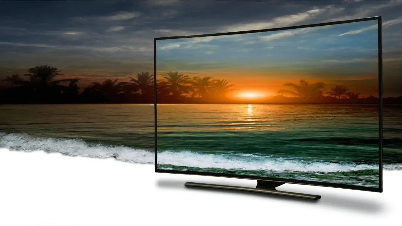 Zachód słońca na plaży z palmami, wyświetlany w jakości 4k full hd na zakrzywionym ekranie telewizora.