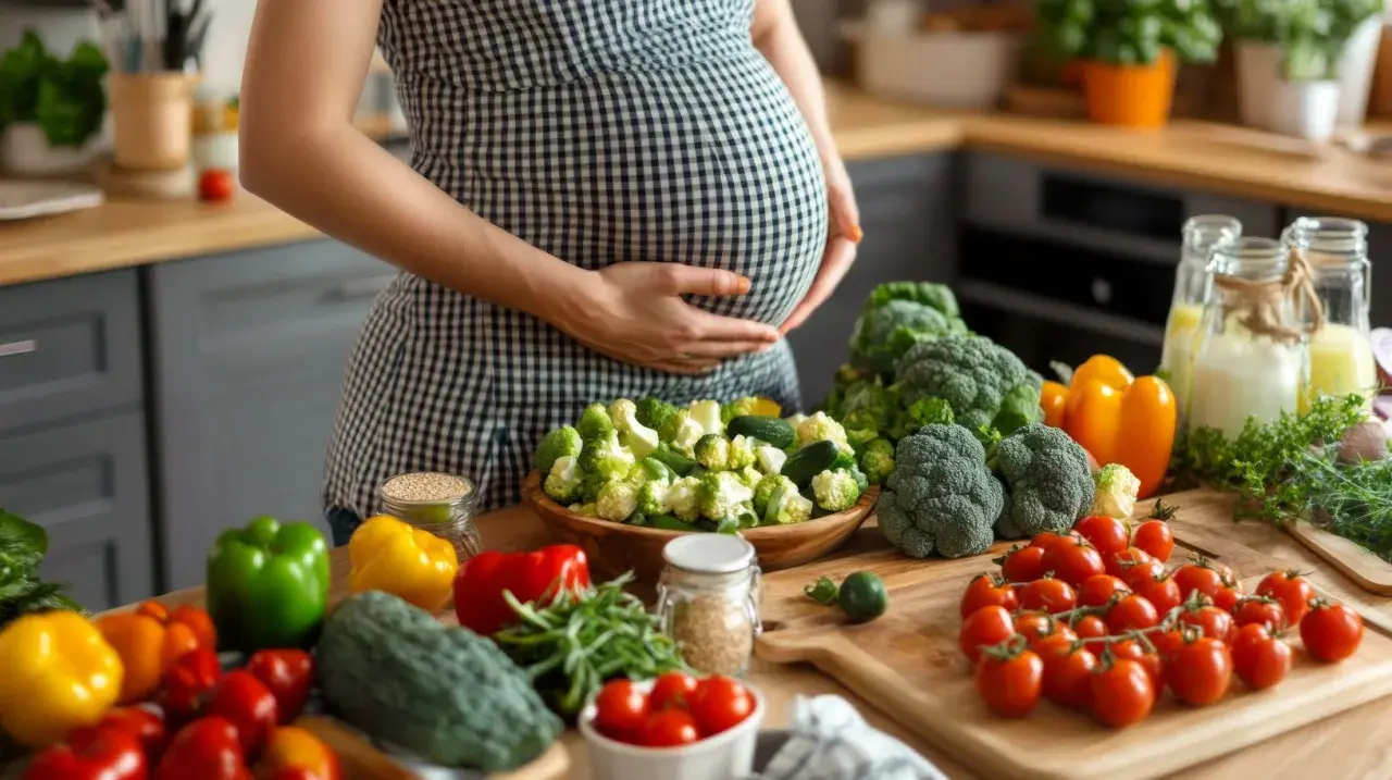 Kobieta w ciąży przygotowuje zdrowe posiłki, dbając o dietę i unikając ryzyka listeriozy w ciąży. Na stole świeże warzywa i zioła.