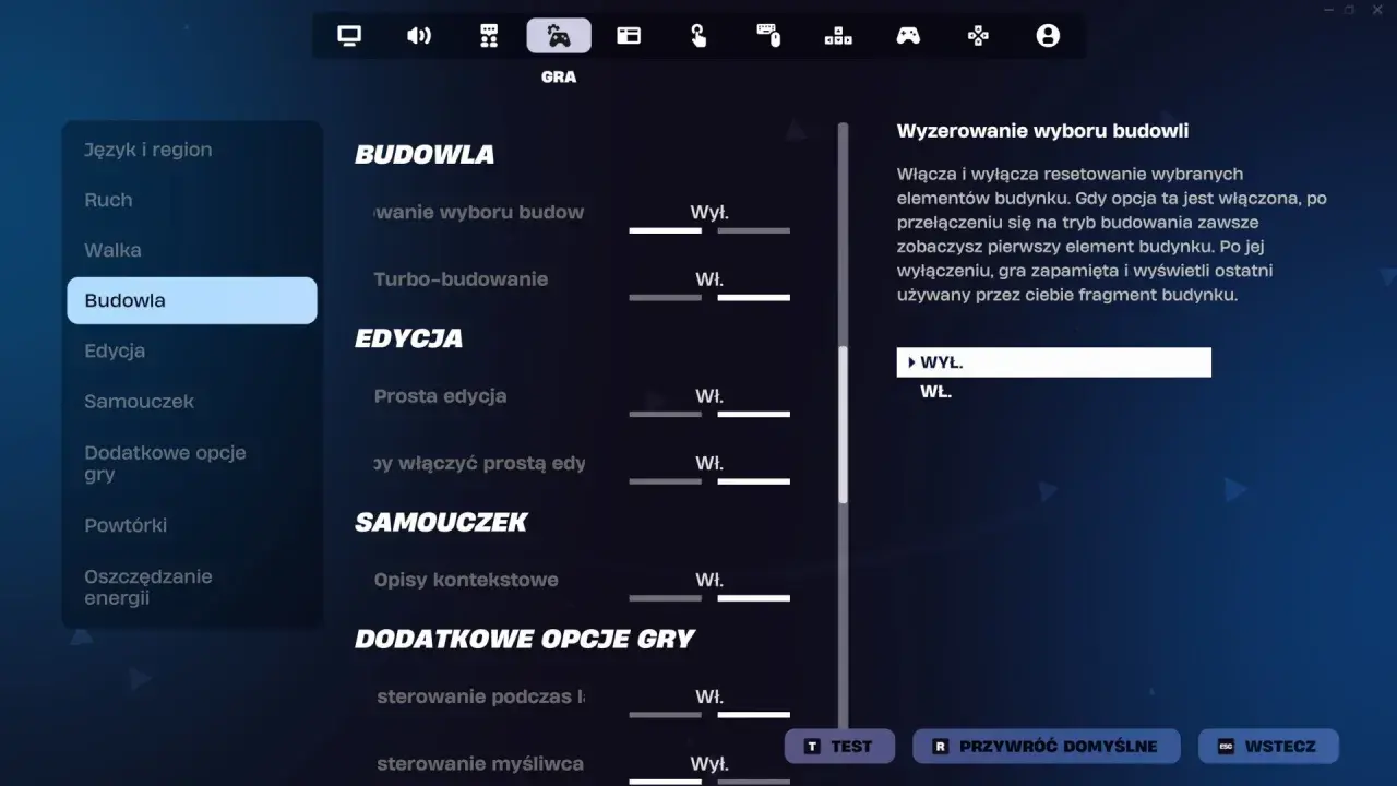 Ustawienia budowania w grze Fortnite na PlayStation. Możesz tu dostosować turbo-budowanie i edycję.