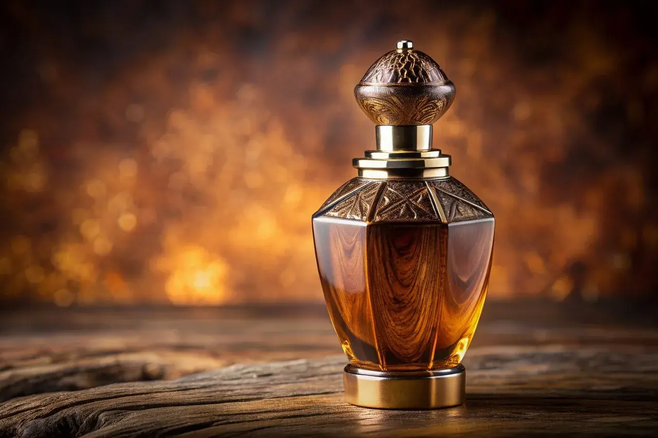 Elegancka buteleczka perfum z płynem o barwie bursztynu. Złote zdobienia i drewnopodobne wykończenie sugerują luksusowy zapach, być może właśnie **oud co to** za aromat?