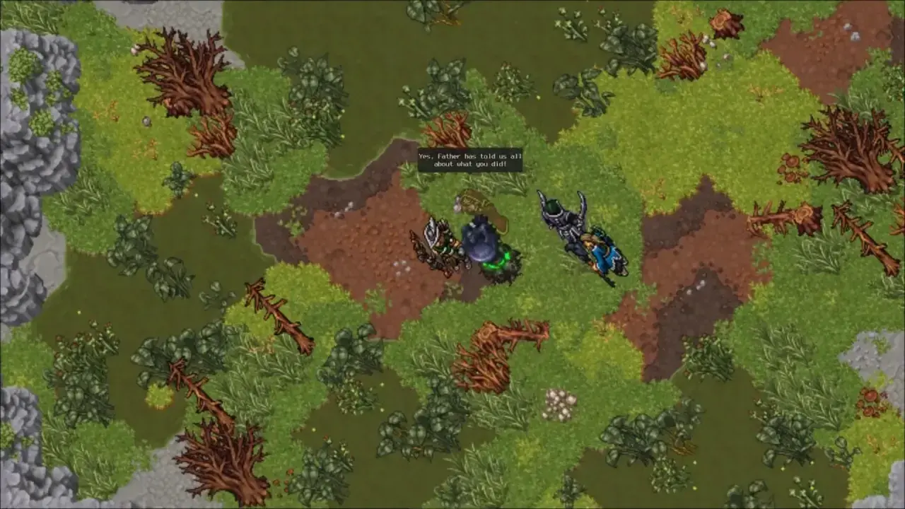Postacie w darmowym mmorpg rozmawiają na leśnej polanie.
