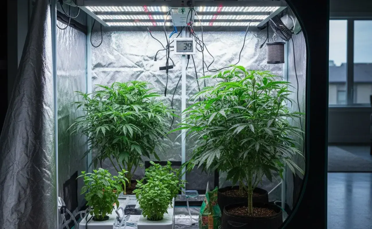 Tenda per coltivazioni indoor con piante rigogliose sotto luci LED. Un termometro digitale segna 39 gradi.
