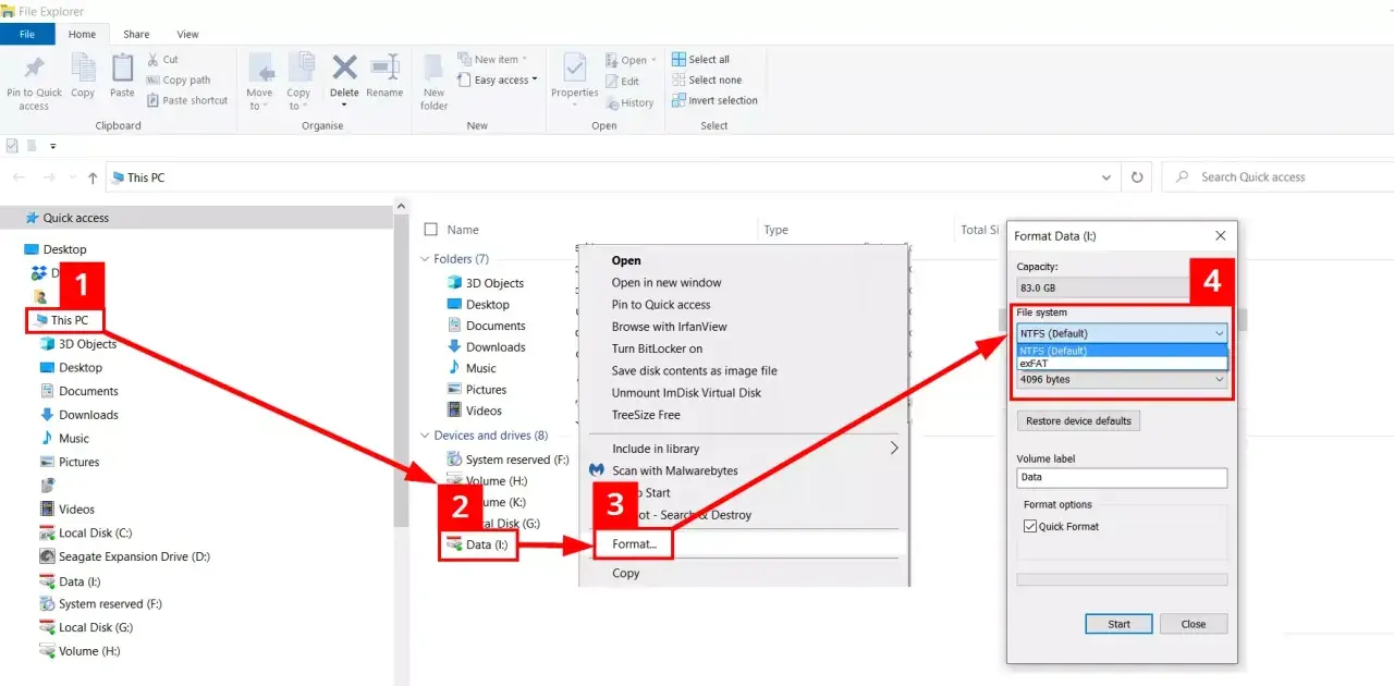 Guía visual para formatear disco duro desde cmd. Selecciona "Este equipo", haz clic derecho en la unidad, elige "Formatear" y selecciona el sistema de archivos.