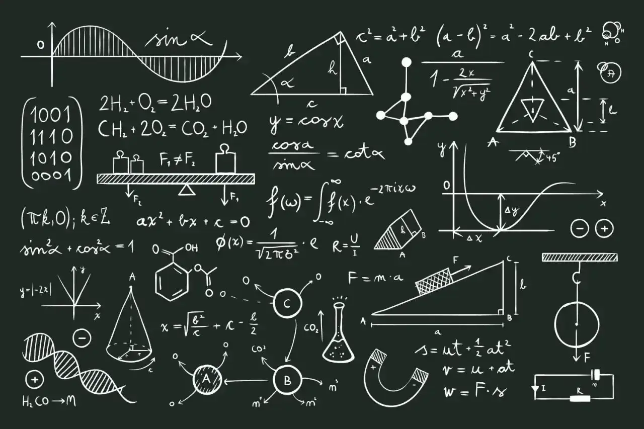 Tablica pełna wzorów matematycznych i fizycznych, od trygonometrii po mechanikę. Widać tu m.in. równania opisujące ruch, fale, a także wzory chemiczne. To wizualne przedstawienie tego, co to jest iloczyn w matematyce i jak wiele ma zastosowań.