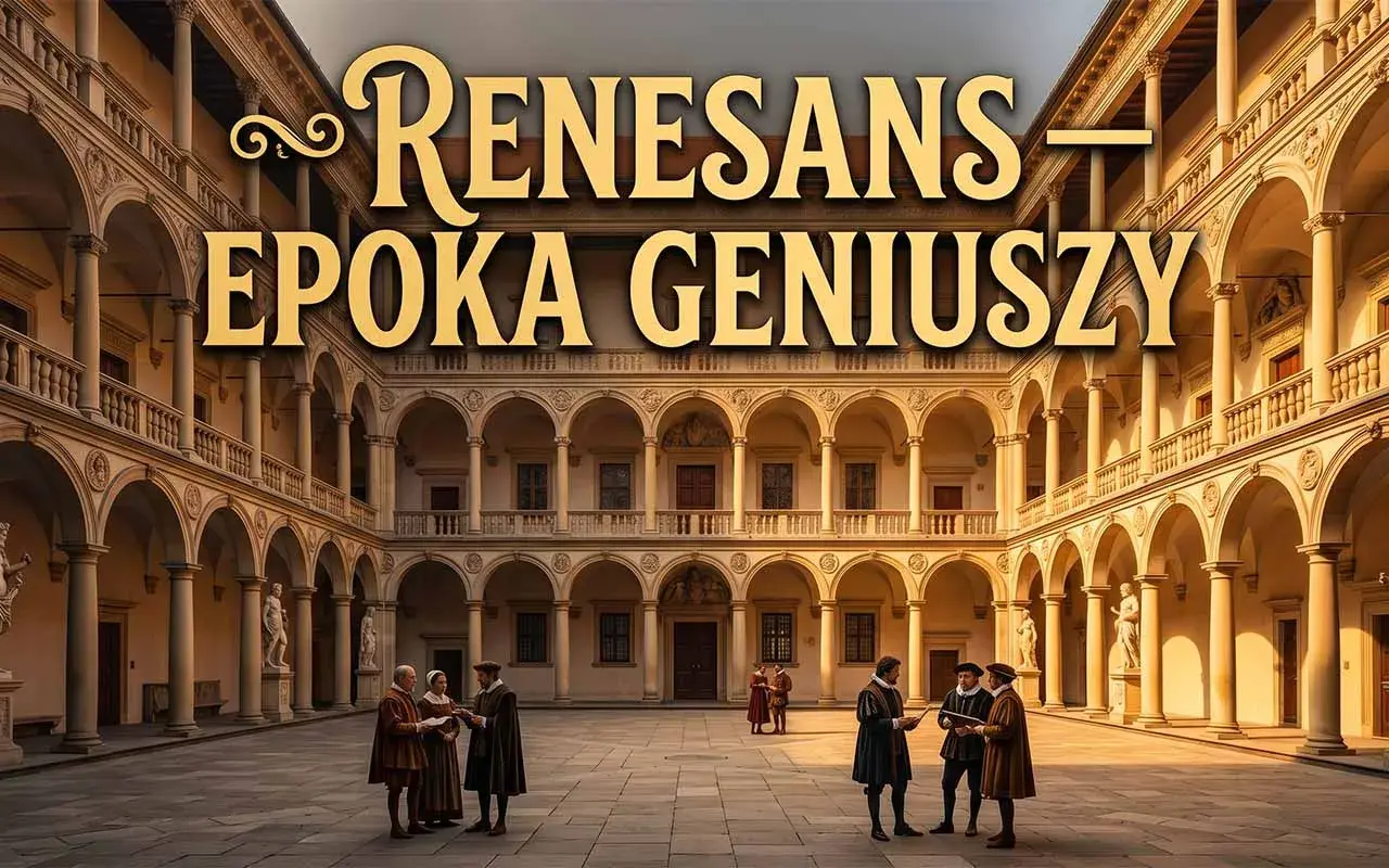 Renesans – epoka geniuszy. W renesansowym dziedzińcu artyści dyskutują o swoich dziełach, inspirując się pięknem architektury.