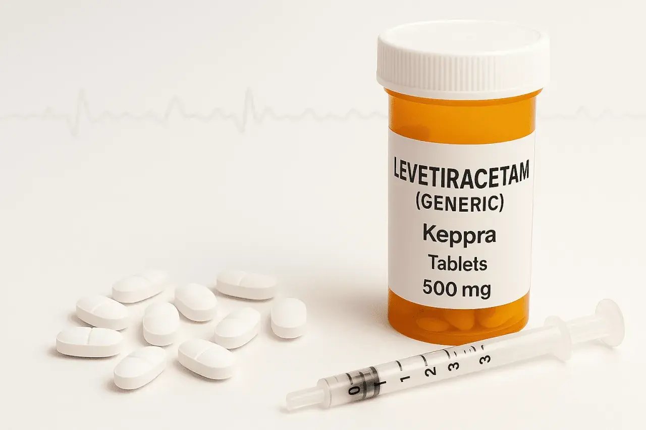 Tabletki Levetiracetam (Keppra) 500 mg, strzykawka i garść tabletek. W tle linia EKG, symbolizująca troskę o zdrowie.