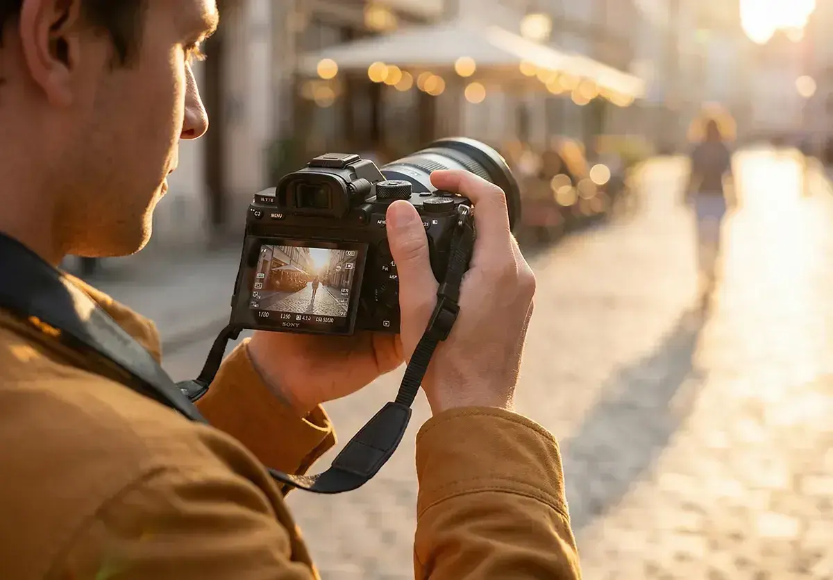 Mężczyzna trzyma aparat z obiektywem, fotografując ulicę. Zastanawiasz się, jaki obiektyw do fotografii produktowej będzie najlepszy?