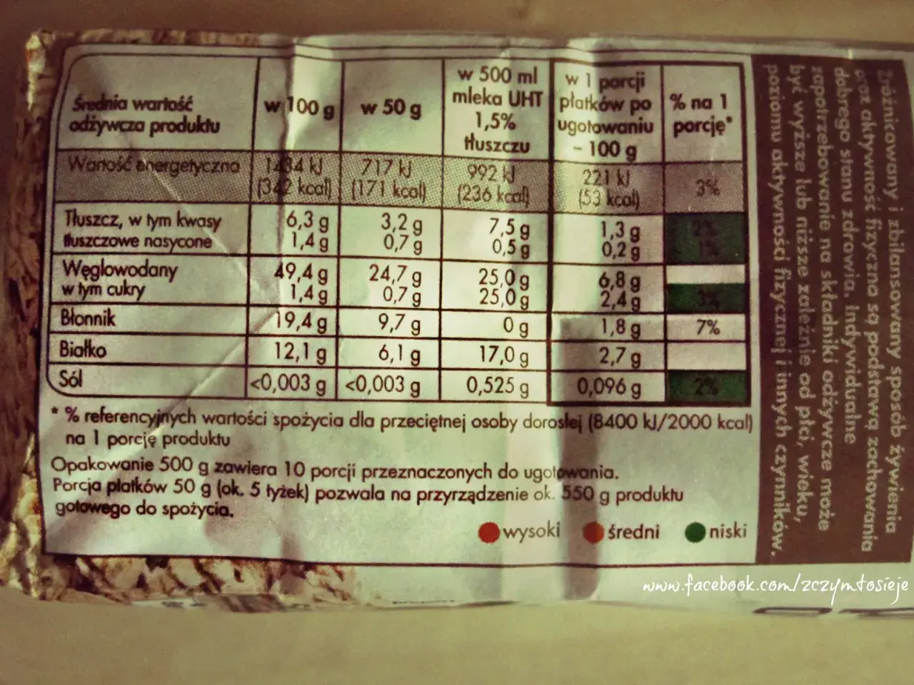 Tabela z wartościami odżywczymi płatków. Podaje kalorie, tłuszcze, węglowodany, błonnik, białko i sól w 100g, 50g, w 500ml mleka i w porcji po ugotowaniu.