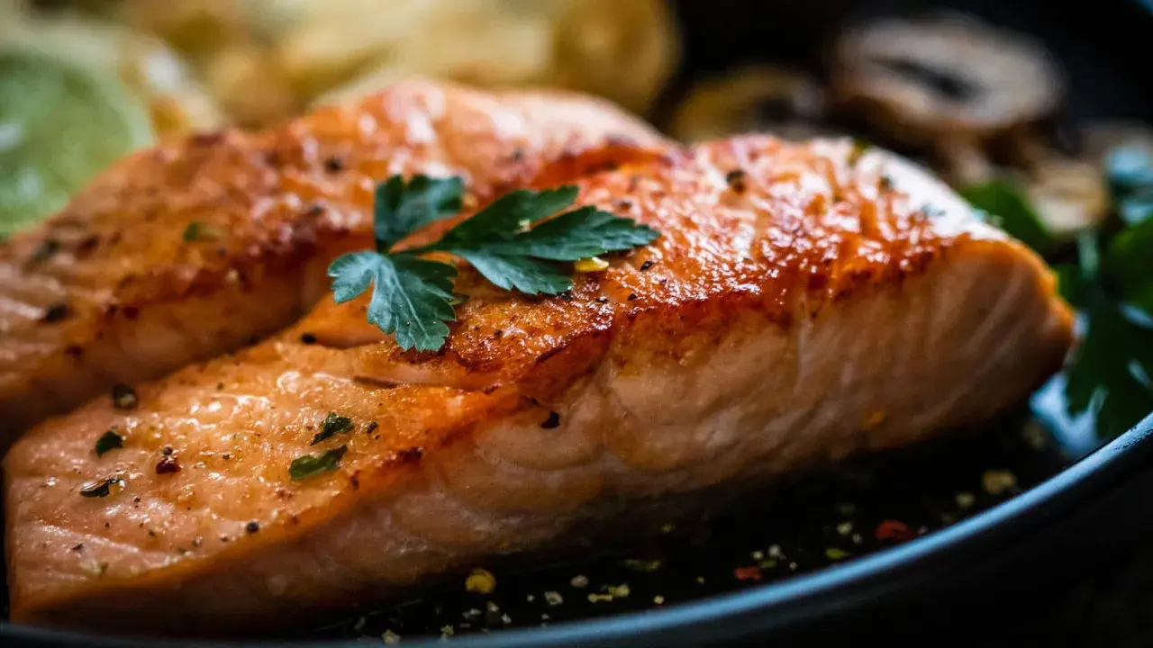 Zwei saftige Filets von gekochtem Lachs, garniert mit Petersilie und Gewürzen, liegen auf einem Teller neben Pilzen und Zitronenscheiben.