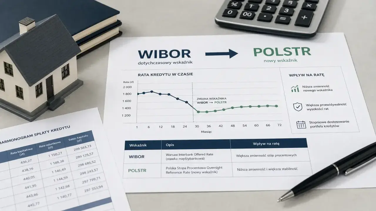 Wykres pokazuje zmianę raty kredytu z WIBOR na POLSTR. Kredyt hipoteczny z WIBOR był zmienny, nowy wskaźnik POLSTR zapewnia stabilność.