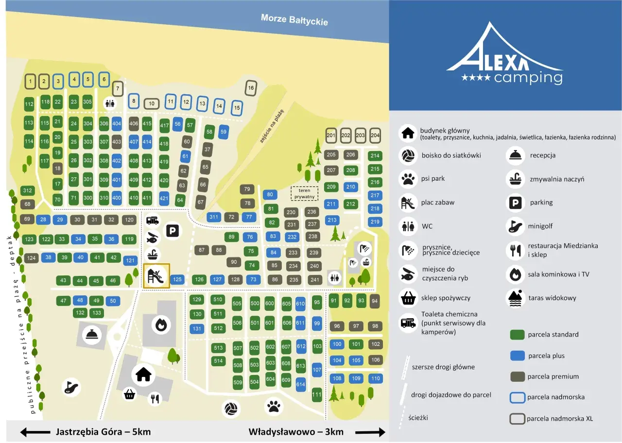 Mapa kempingu Alexa. Znajdź idealne miejsce na wakacje nad morzem. Sprawdź ceny i dostępność parceli.
