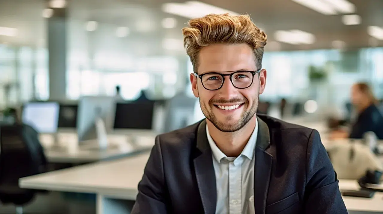 Ein junger Mann mit Brille und Bart lächelt in die Kamera. Er trägt einen Anzug und sitzt in einem Büro. Er könnte gerade mit 40 Jahren studieren und seine Karriere neu starten.