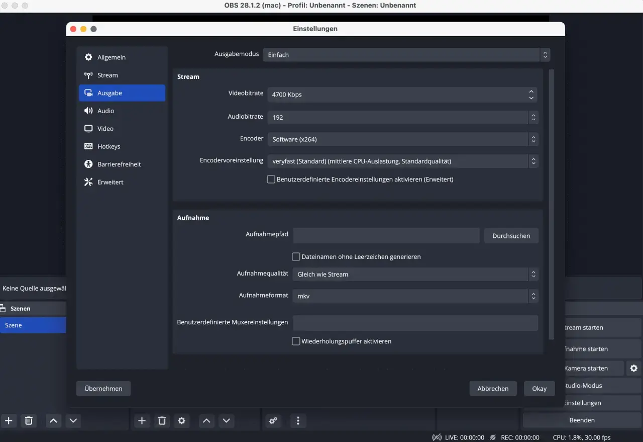 Einstellungen für einen Twitch Stream einrichten: Video- und Audiobitrate, Encoder und Aufnahmeeinstellungen in OBS.