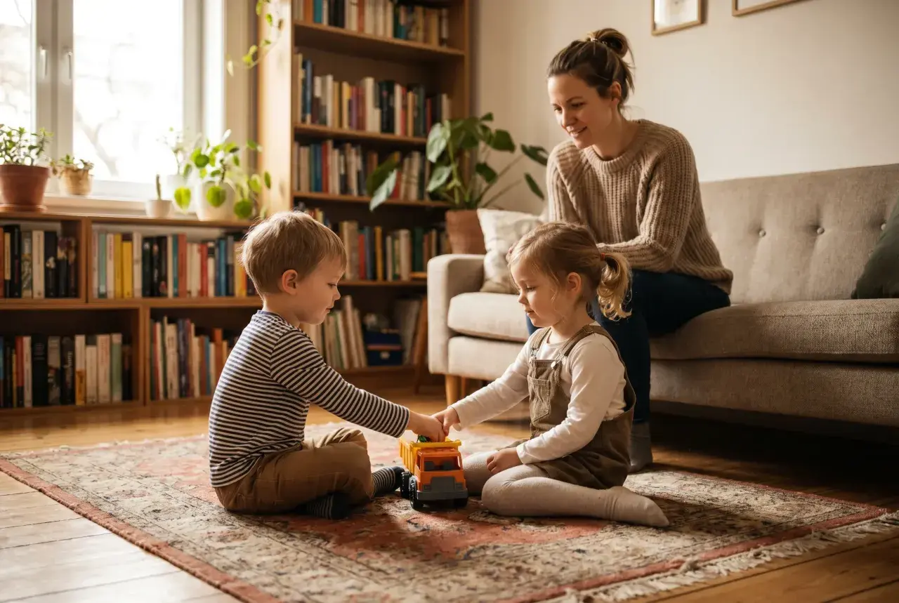 Chłopiec i jego siostra bawią się ciężarówką na dywanie, podczas gdy mama patrzy z kanapy.