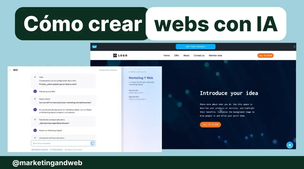 Tutorial sobre los pasos para crear una página web con IA, mostrando un chat de configuración y un diseño web.