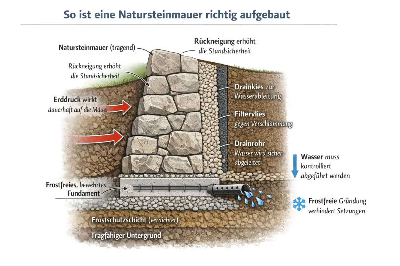 So baut man eine stabile Gartenmauer aus Naturstein: Mit Rückneigung, Drainagesystem und frostfreiem Fundament für Langlebigkeit.