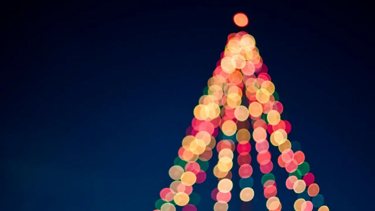 Luci natalizie sfocate creano la forma di un albero su sfondo blu scuro.