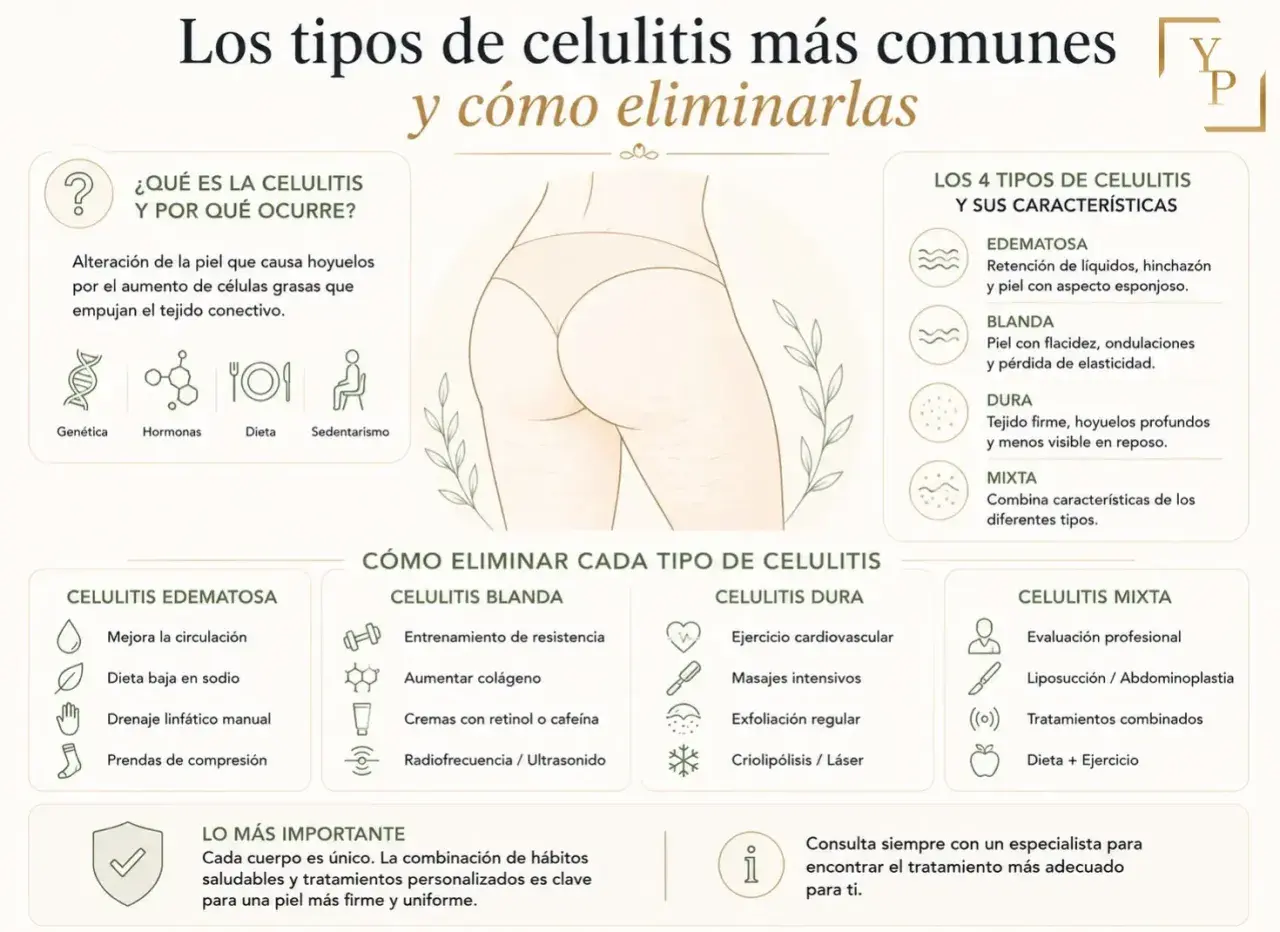 Infografía sobre los tipos de celulitis: edematosa, blanda, dura y mixta, y cómo tratarlas.