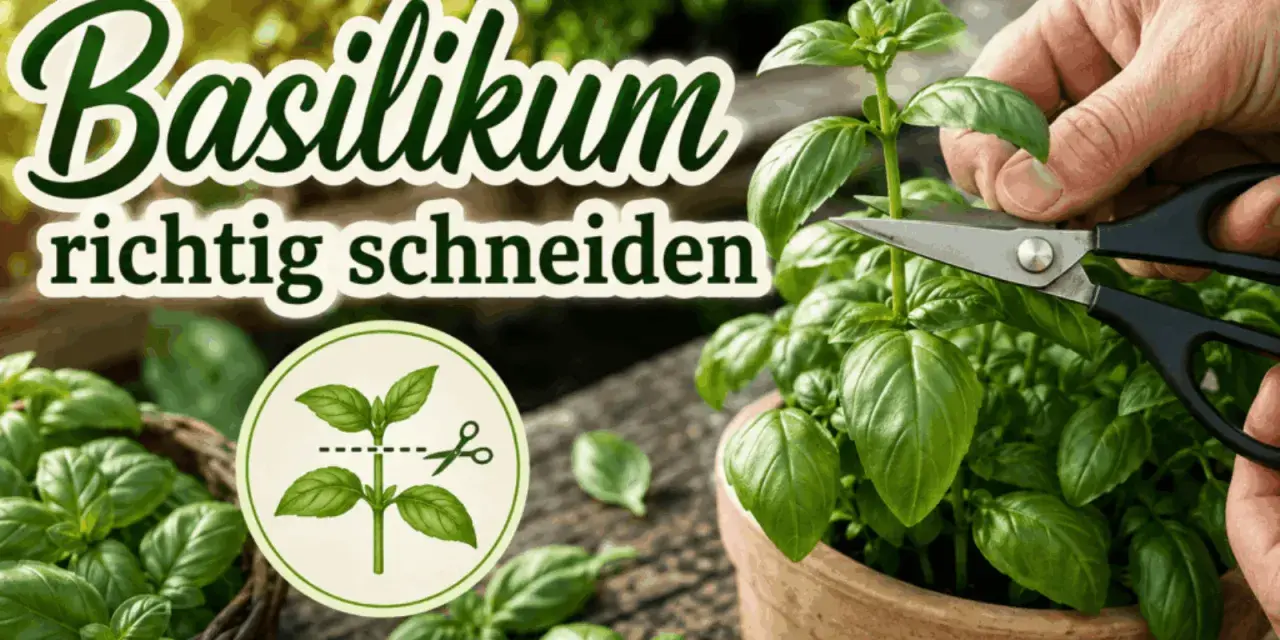 Frische Basilikum-Pflanze wird mit einer Schere beschnitten, um das Wachstum zu fördern.