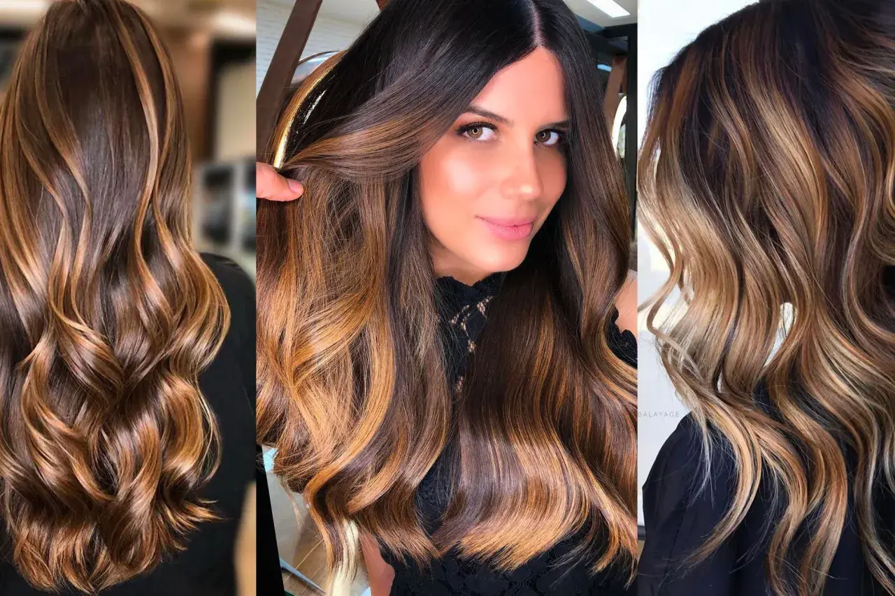 Cabello castaño con reflejos que imitan el tinte color miel o caramelo, creando un efecto balayage natural y luminoso.