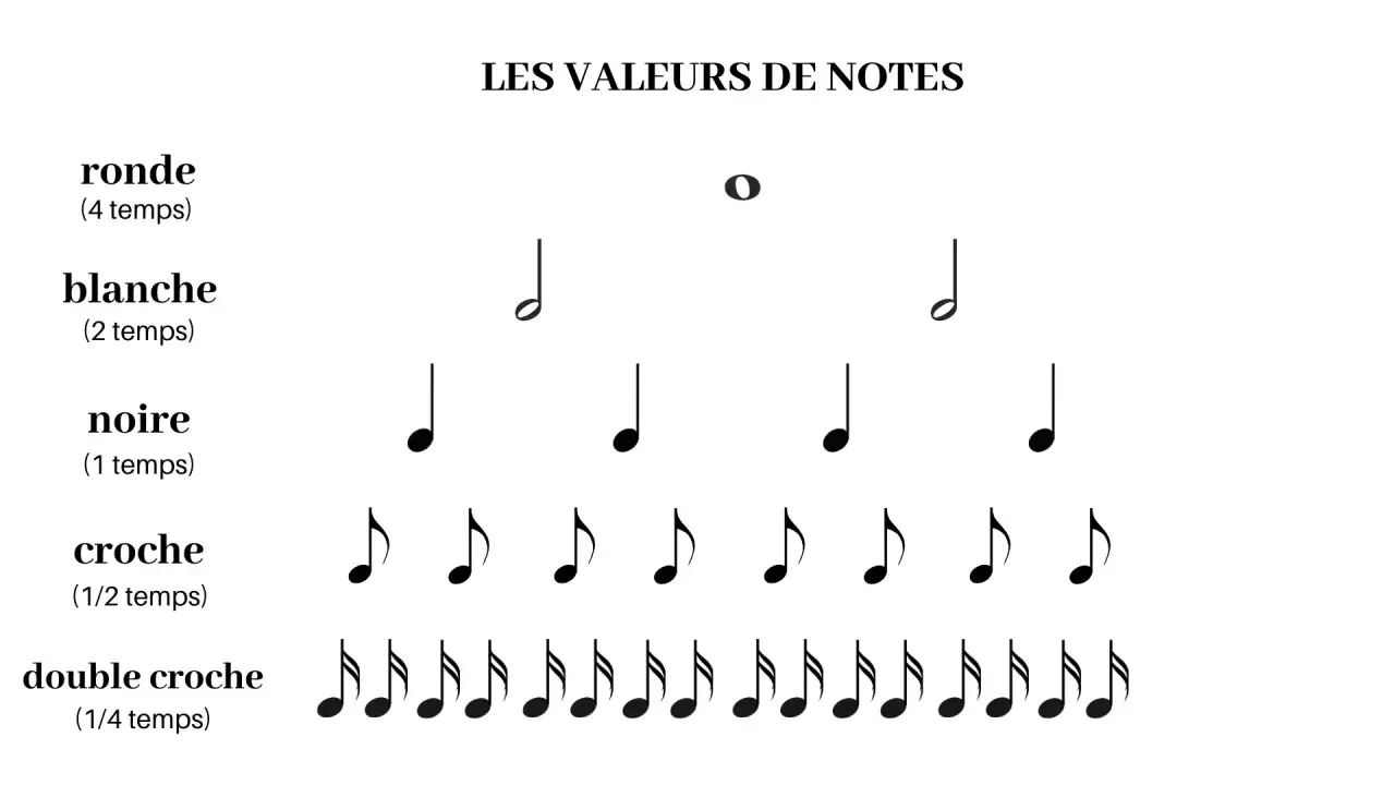 Les valeurs de notes : ronde (4 temps), blanche (2 temps), noire (1 temps), croche (1/2 temps), double croche (1/4 temps). Illustration de la différence rythme et tempo.