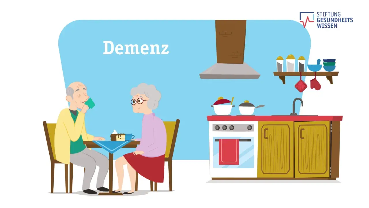 Älteres Paar im Gespräch, während im Hintergrund die Küche gezeigt wird. Die Frage, ob Demenz vererbbar ist, wird thematisiert.